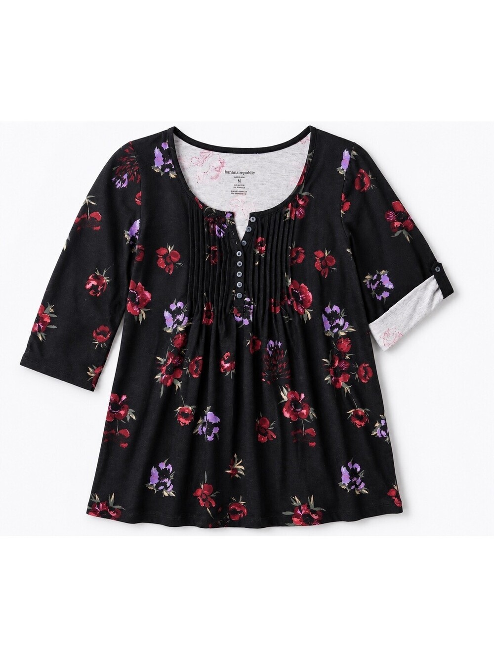 Woman Within Womens  M 14/16 Black Floral Pintuck Button Front Blouse